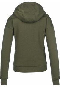 Felpa verde oliva con una trama morbida, dotata di cappuccio con coulisse, maniche lunghe e polsini e bordo a coste.