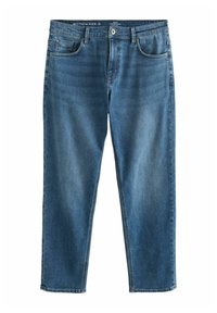 Pantalones vaqueros de mezclilla en un azul medio con un corte relajado. Cuenta con cinco bolsillos, cierre de botón y un ligero desgaste en la parte delantera y trasera.