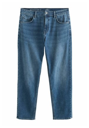 Džínsy z denimovej látky v stredne modrej farbe s uvoľneným strihom. Obsahujú päť vreciek, zapínanie na gombík a jemné vyfarbenie spredu a zozadu.