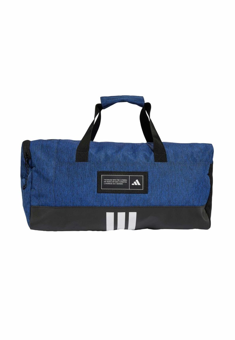 Blue duffel bag with a textured fabric, black accents at the base, dual handles, and a logo patch on the front. Features three white stripes.