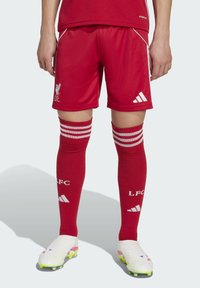 Person med röda Liverpool FC fotbollsshorts och matchande knähöga strumpor, med vita Adidas-skor, som står på en vit bakgrund.