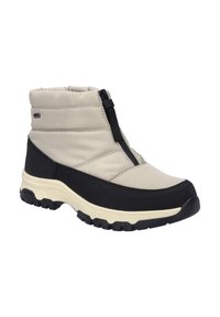 Helle beigefarbene Knöchelstiefel mit einer schwarzen Gummisohle; gepolsterte, wasserabweisende Außenseite; mit einem zentralen Reißverschluss und strukturierten schwarzen Akzenten.