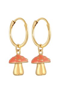 Orecchini a cerchio in oro con ciondoli a forma di funghetti corallini, rifiniti con accenti dorati e piccoli punti, che aggiungono texture e un tocco giocoso.