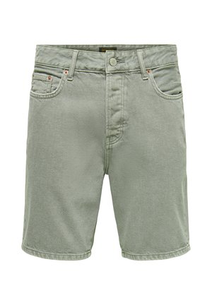 Lysegrønne denimshorts med knaplukning, bæltestropper og fem-lomme design, vist mod hvid baggrund.