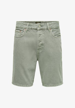 Pantaloni scurți din denim verde deschis, cu închidere cu nasturi, bucle pentru curea și design cu cinci buzunare, afișați pe fundal alb.