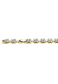 Bracciale in oro con cluster di diamanti a forma di fiore collegati lungo la sua lunghezza, dotato di un meccanismo di chiusura sicuro.
