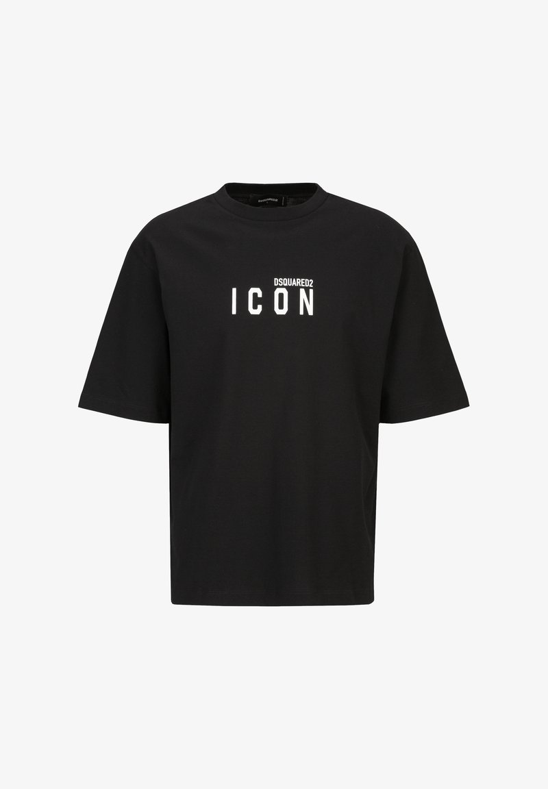 Schwarzes Baumwoll-T-Shirt mit kurzen Ärmeln und Rundhalsausschnitt, vorne mit dem weißen Aufdruck "DSQUARED2 ICON". Regular Fit.