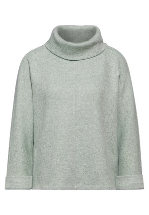 Lichtgroene turtlenecktrui van zacht breimateriaal. Kenmerkend is een relaxte pasvorm, lange mouwen en opgerolde manchetten. Glad textuur, minimale details.