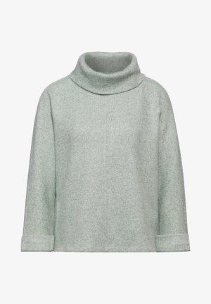 Lichtgroene turtlenecktrui van zacht breimateriaal. Kenmerkend is een relaxte pasvorm, lange mouwen en opgerolde manchetten. Glad textuur, minimale details.