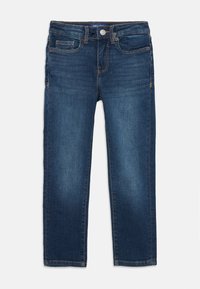 Dunkelblaue Jeans aus Denim mit geradem Bein, fünf Taschen und einem vorderen Knopfverschluss. Sie verfügen über dezente Kontrastnähte und eine glatte Textur.