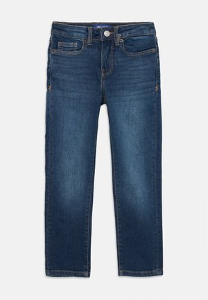 Dunkelblaue Jeans aus Denim mit geradem Bein, fünf Taschen und einem vorderen Knopfverschluss. Sie verfügen über dezente Kontrastnähte und eine glatte Textur.