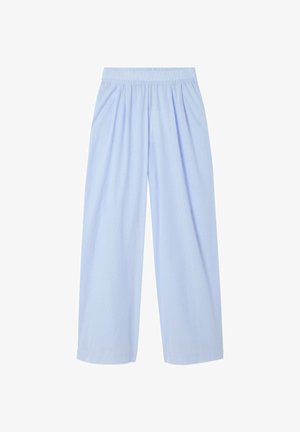 Svetlo modre hlače z širokimi hlačnicami iz mehke tkanine s subtilnimi navpičnimi črtami. Imajo elastičen pas za udobje.