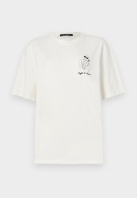 White cotton t-shirt with short sleeves and a relaxed fit, featuring a black line art illustration on the left chest area.