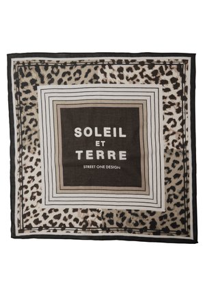 Quadratisches Halstuch mit Leopardenmuster-Rand und konzentrischen rechteckigen Linien, mittig steht in Weiß der Text "SOLEIL ET TERRE STREET ONE DESIGN".