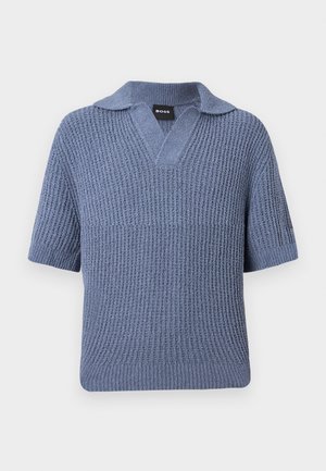 Short-sleeve knitted polo shirt in textured blue fabric with a collar and a small V-neck opening.