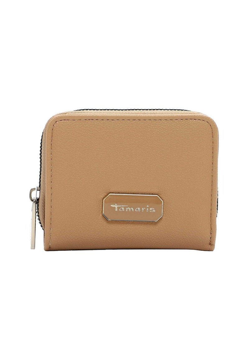 Tan leather wallet with zip closure, rectangular shape, and a metallic logo accent. Features a textured surface and visible stitching details.