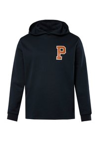Felpa blu navy in misto cotone, con maniche lunghe, tasca a marsupio e un grande logo "P" in arancione e bianco sul petto.