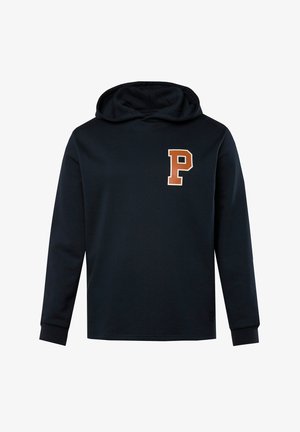 Námořnická modrá mikina s kapucí vyrobená z bavlněné směsi, s dlouhými rukávy, klokaní kapsou a velkým logem "P" v oranžové a bílé na hrudi.