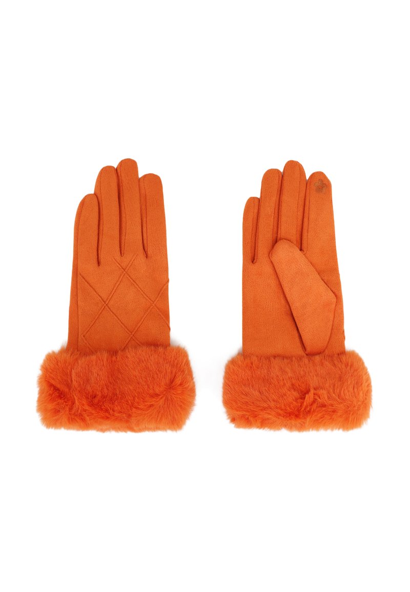 Guanti arancioni con un materiale esterno liscio, motivo trapuntato e polsino in pelliccia soffice per un calore aggiuntivo.