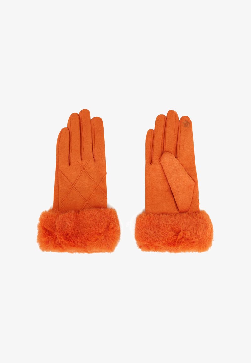 Guanti arancioni con un materiale esterno liscio, motivo trapuntato e polsino in pelliccia soffice per un calore aggiuntivo.