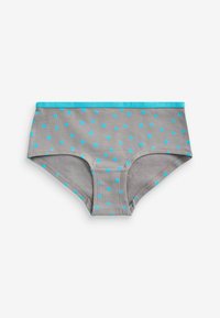 Grijze katoenen onderbroek met blauwe stippen, voorzien van een turquoise tailleband. Eenvoudige snit met een gladde textuur en gestikte details.