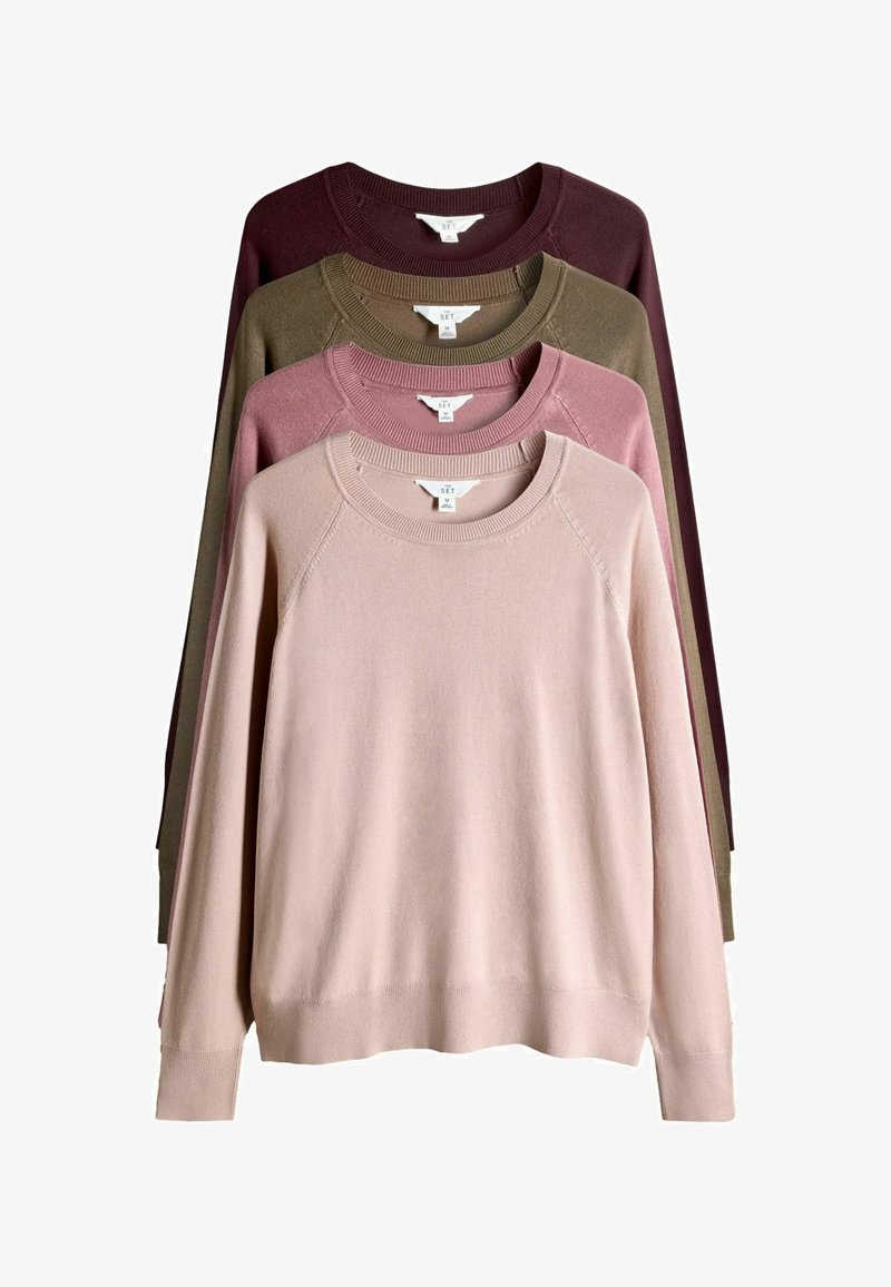 Négy könnyű pulóvert mutatunk be sorrendben: sötét burgundi, olíva zöld, lágy rózsaszín és világos bézs. Mindegyik körkivágású és bordázott aljjal rendelkezik.