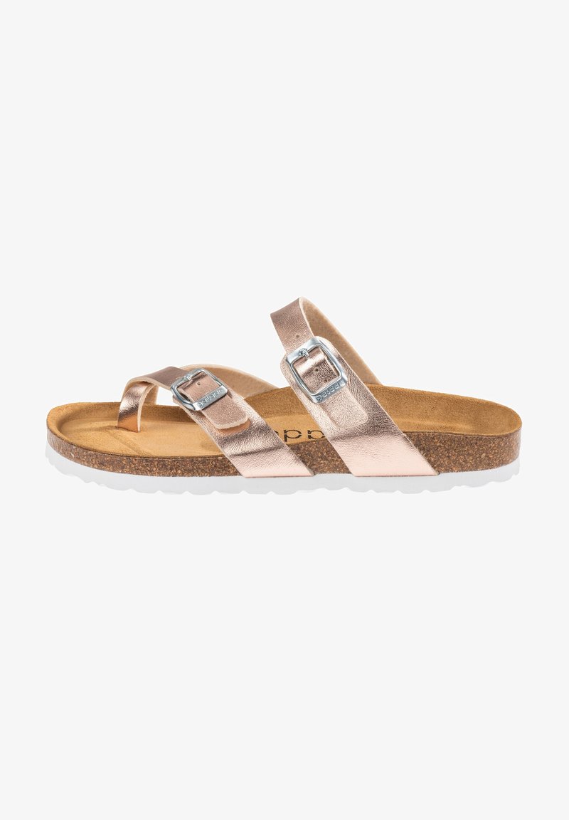 Metallisk roséguld slide sandal med två justerbara spännen, korkfotbädd och vit gummisul, med en strukturerad remdesign.