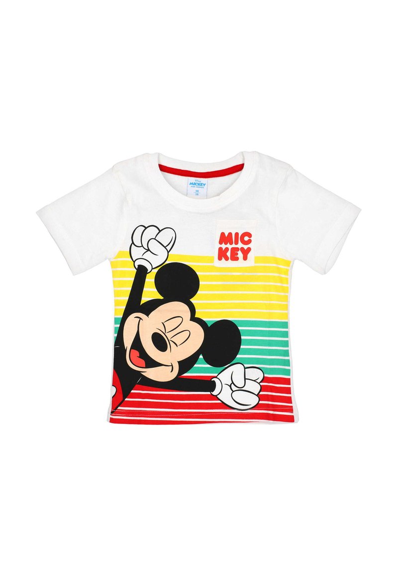 White cotton t-shirt featuring a large graphic of a cartoon mouse, with red, yellow, and green horizontal stripes. Red accents on neckband.