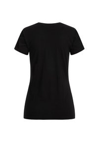 Black short-sleeve t-shirt with a round neckline, made from cotton material. Smooth texture with no patterns or designs.