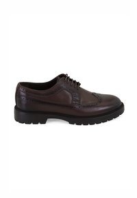 Braune Leder-Schnürschuhe mit Brogue-Details, runder Spitze und strapazierfähiger Gummisohle. Merkmale sind gestickte Akzente und eine glatte Oberfläche.