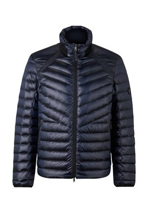 Veste rembourrée bleu marine avec un col haut, fermeture éclair et motif cousu en chevrons. Dispose de deux poches latérales zippées et d'un logo.