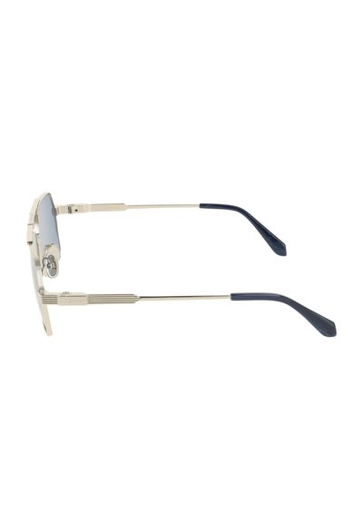 Lunettes de soleil à monture métallique avec des branches fines de couleur or et des embouts d'oreille noirs incurvés, vues de côté avec des verres réfléchissants.