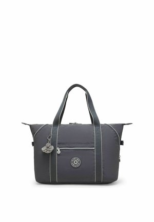 Dunkelgraue Reisetasche mit zwei Griffen, vorderer Reißverschlusstasche, Kipling-Logo und einem kleinen Plüschaffen-Schlüsselanhänger, der an einem Griff befestigt ist.