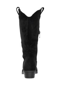 Schwarze Wildleder-Stiefel bis zum Knie mit strukturiertem Design, seitlichem Reißverschluss und Blockabsatz.