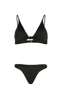 Svart bikinitopp i triangeldesign med en knuten framsidan och justerbara axelband, i kombination med en matchande thong-bikini.