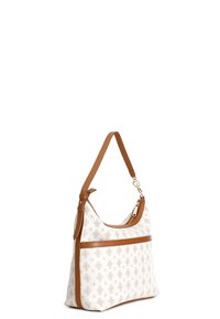 Kabelka typu hobo z bílé látky s květinovým vzorem, hnědými koženými detaily a popruhem, se zipovou kapsou na přední straně a nastavitelným ramenním popruhem.