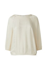 Blusa lucida di colore crema con maniche lunghe a puffo e polsini e orlo elasticizzati, dotata di scollatura rotonda e cuciture raglan.