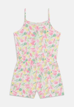 Combinaison sans manches avec fines bretelles et taille élastique, arborant un motif coloré de feuilles tropicales et d'ananas en rose, vert et jaune sur fond blanc.
