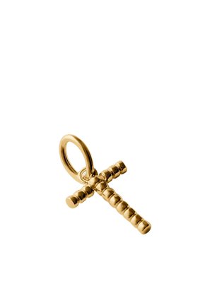 Colgante de cruz de oro con textura de cuentas y un pequeño lazo para enganchar a una cadena o collar.
