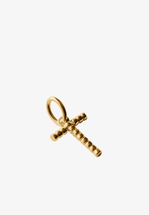 Colgante de cruz de oro con textura de cuentas y un pequeño lazo para enganchar a una cadena o collar.