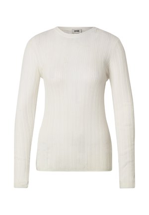 Valkoinen pitkähiha-pikeepaita, jossa on pyöreä pääntie, kapeahko malli ja hienovaraiset pystysuorat kuvioidut raidat.