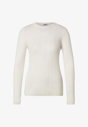 Weißes, langärmliges, geripptes Strickoberteil mit Rundhalsausschnitt, schmaler Passform und dezenten vertikalen Strukturstreifen.