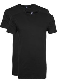 Zwarte katoenen T-shirts, ontwerp met ronde hals, korte mouwen, zachte textuur, twee T-shirts weergegeven, nette afwerking zonder patronen of grafische elementen.