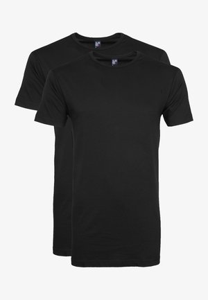 Zwarte katoenen T-shirts, ontwerp met ronde hals, korte mouwen, zachte textuur, twee T-shirts weergegeven, nette afwerking zonder patronen of grafische elementen.