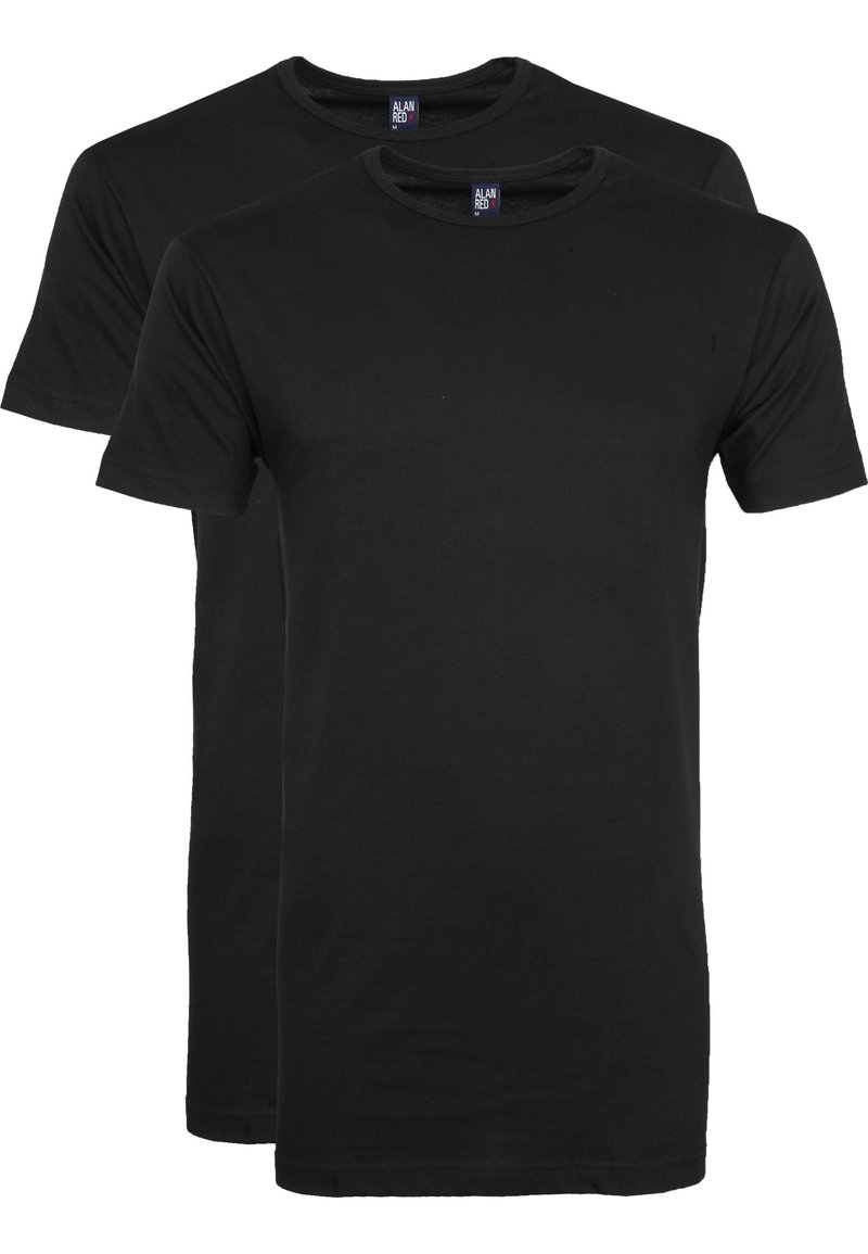 Zwarte katoenen T-shirts, ontwerp met ronde hals, korte mouwen, zachte textuur, twee T-shirts weergegeven, nette afwerking zonder patronen of grafische elementen.