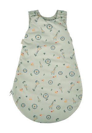 Green sleeping bag with giraffe and lion patterns; features snap closure at shoulders and a side zipper for easy access. Soft fabric texture.