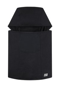 Zwarte hoodie met een grote, gestructureerde capuchon en een textuur op het lichaam. Bevat een voorzak en een logo accent in de rechterbenedenhoek.