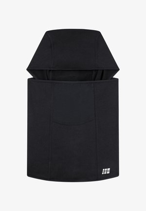 Zwarte hoodie met een grote, gestructureerde capuchon en een textuur op het lichaam. Bevat een voorzak en een logo accent in de rechterbenedenhoek.