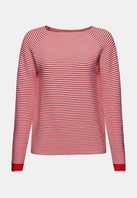 Chemise à manches longues rayée rouge et blanche à l'horizontale, avec des poignets rouges et un col arrondi.