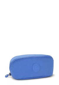 Borsa con zip blu realizzata in tessuto, caratterizzata da una forma rettangolare arrotondata, dettaglio del logo in rilievo e una superficie liscia.